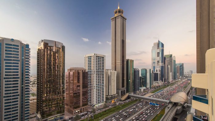 Downtown,Dubai,Towers,Day,To,Night,Transition,Timelapse.,Aerial,View