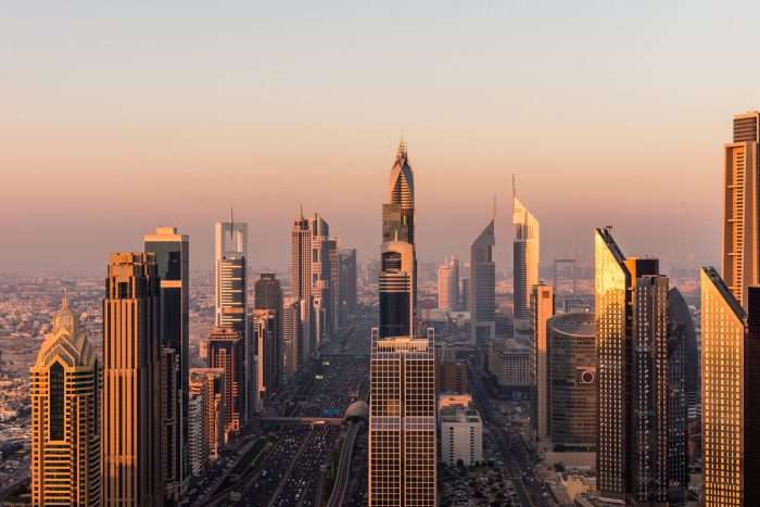 High,Rising,Buildings,Of,Dubai,During,A,Golden,Sunset.,Futuristic